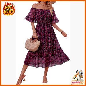 Boho Off Shoulder Midi Dress Ruffle Sleeve Smocked Waist Flowy Summer
